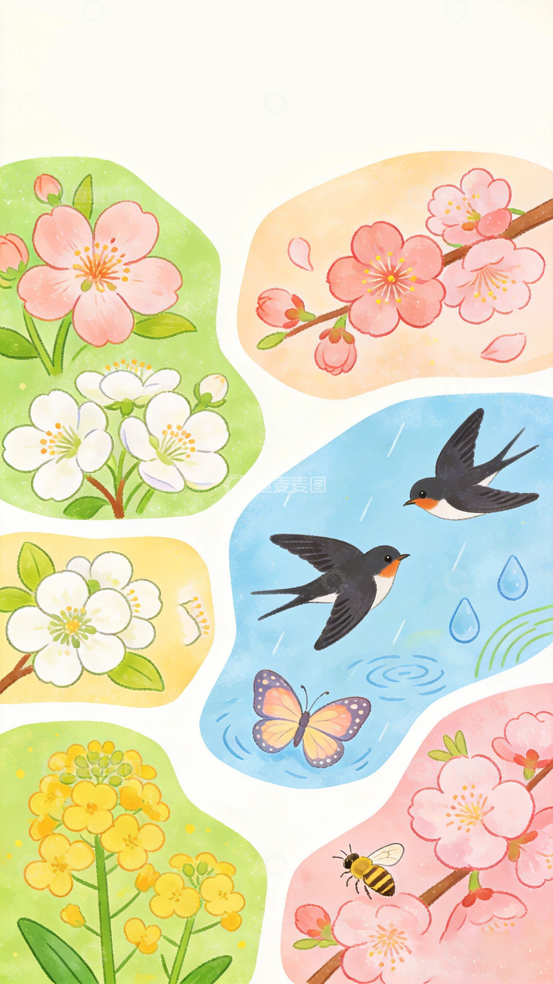 高清大图下载【趣麦麦图】水彩春季花卉鸟蝶插画