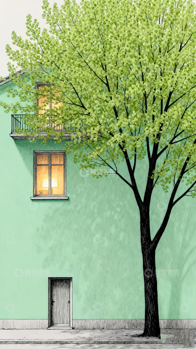 高清大图下载【趣麦麦图】清新绿墙树影住宅插画