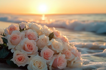 大海边的一束粉色玫瑰花