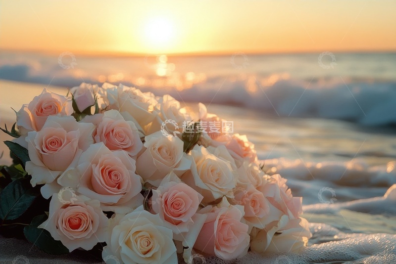高清大图下载【趣麦麦图】大海边的一束粉色玫瑰花