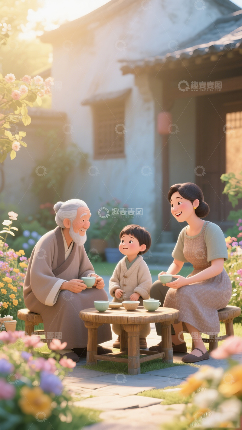 高清大图下载【趣麦麦图】田园风三代同堂喝茶场景