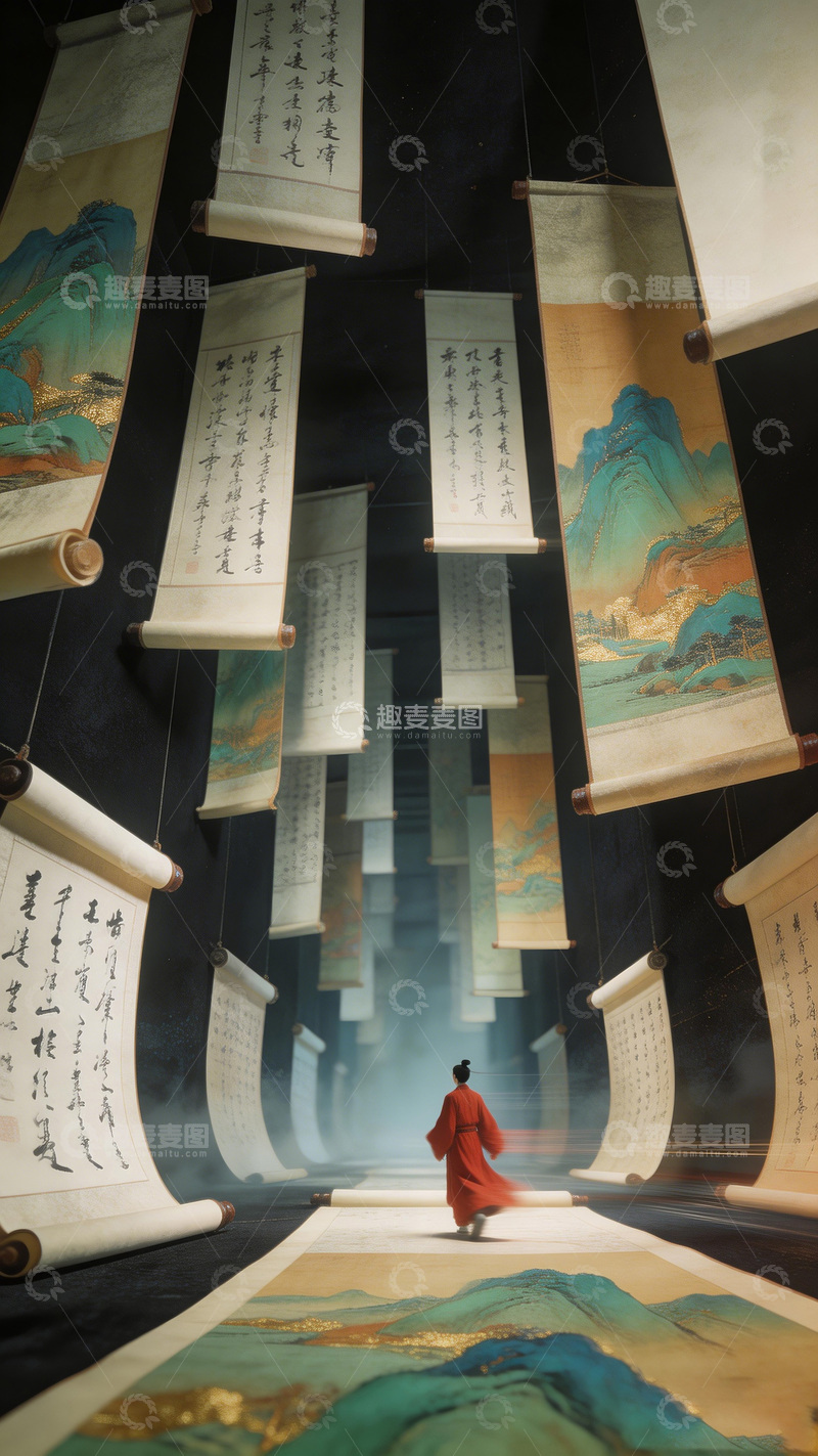 高清大图下载【趣麦麦图】古风卷轴艺术装置