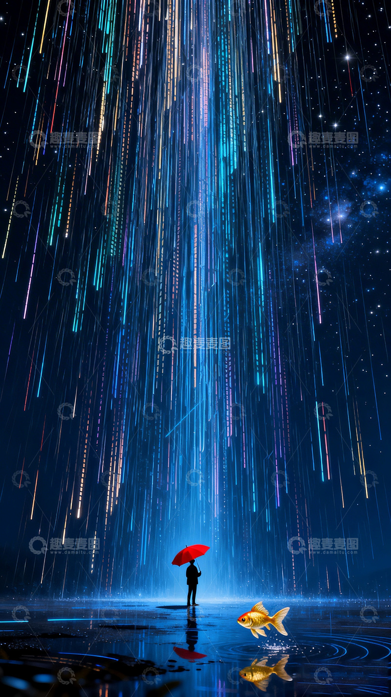 高清大图下载【趣麦麦图】梦幻星空雨场景插画