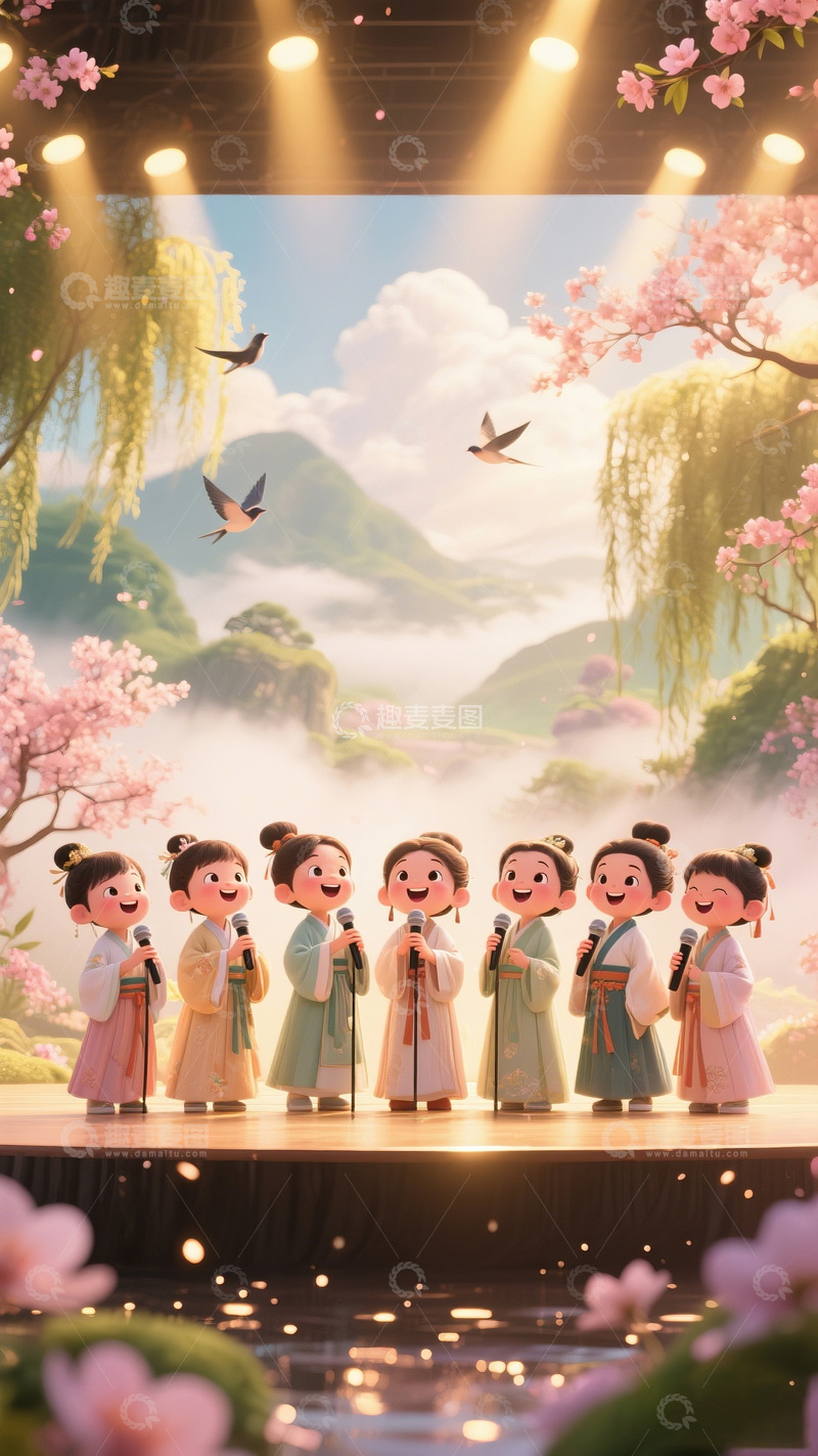 高清大图下载【趣麦麦图】古风舞台儿童表演卡通插画