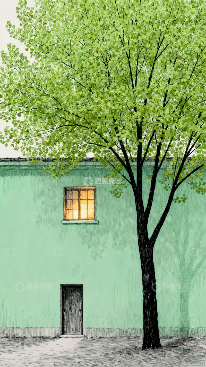 高清大图下载【趣麦麦图】水彩绿墙树影窗户插画