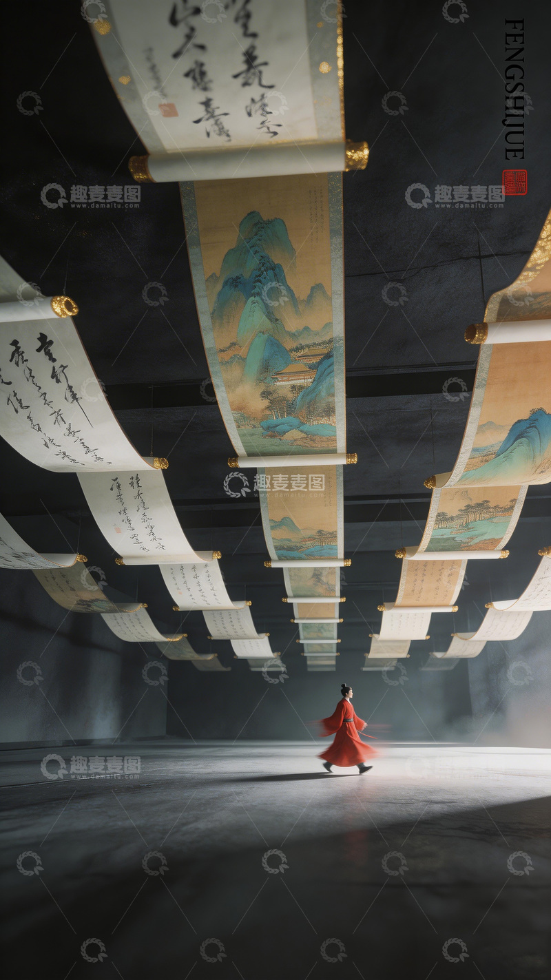 高清大图下载【趣麦麦图】古风画卷中红衣舞者