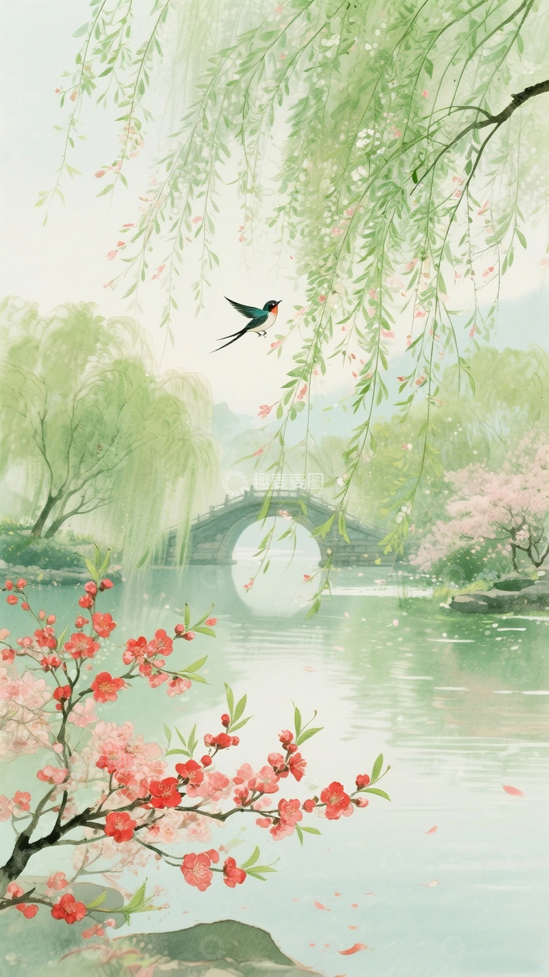 高清大图下载【趣麦麦图】春日山水国画风景插画