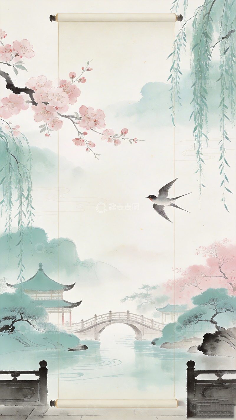 高清大图下载【趣麦麦图】古风水墨园林画卷