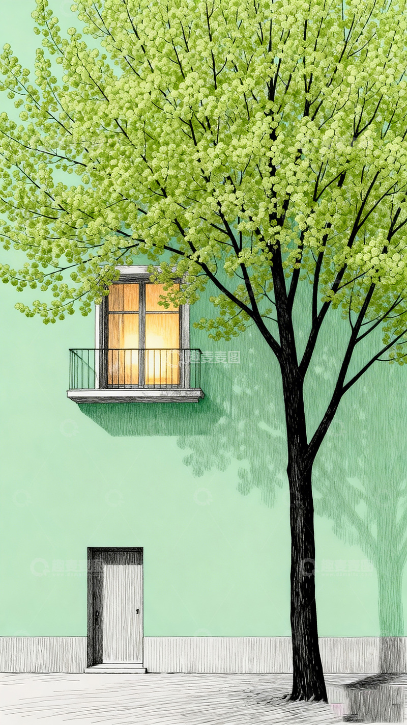 高清大图下载【趣麦麦图】手绘树木建筑风景插画