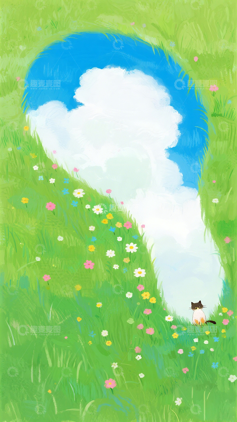 高清大图下载【趣麦麦图】田园风小猫草地插画
