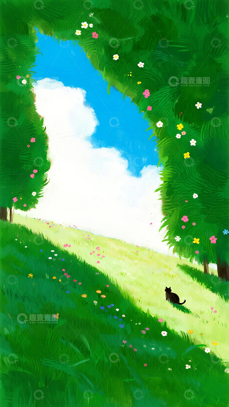 高清大图下载【趣麦麦图】卡通风草地小猫风景插画