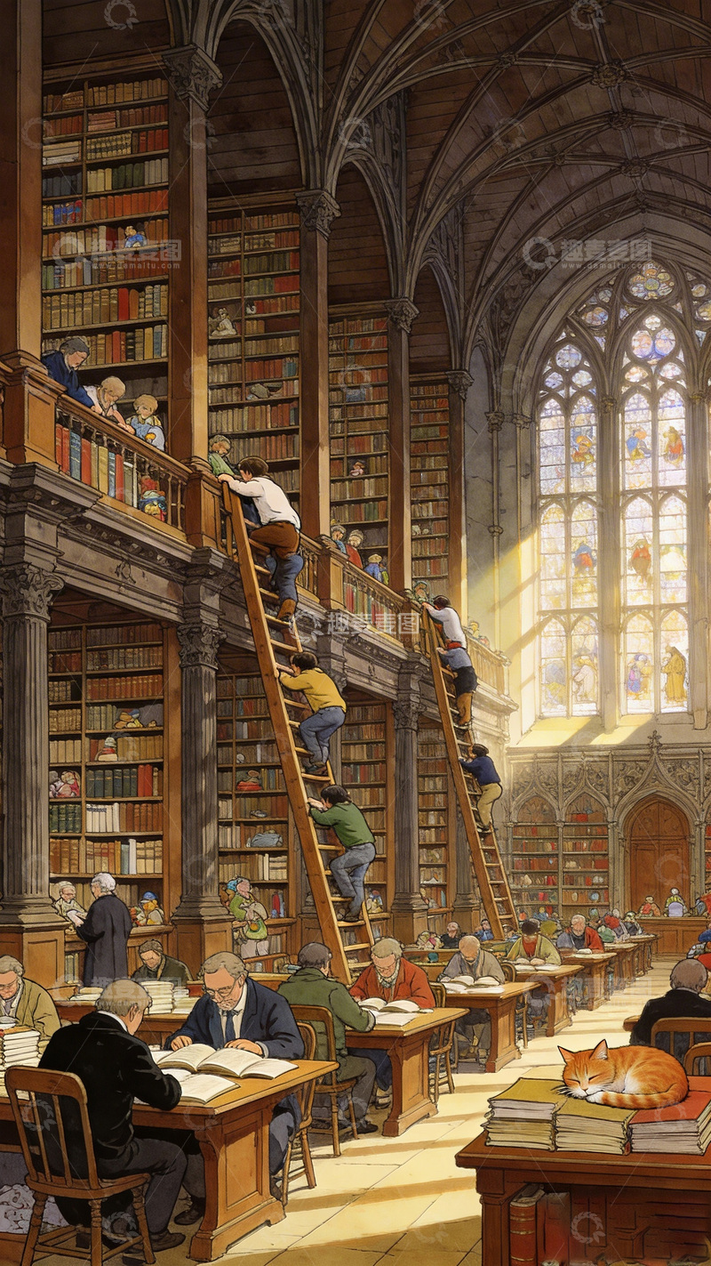 高清大图下载【趣麦麦图】古典图书馆读书场景插画