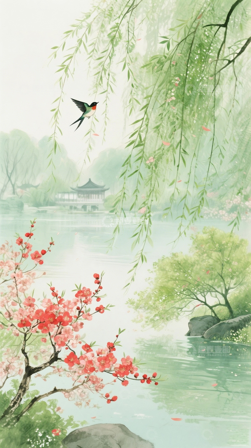 高清大图下载【趣麦麦图】春日湖景花鸟水墨画