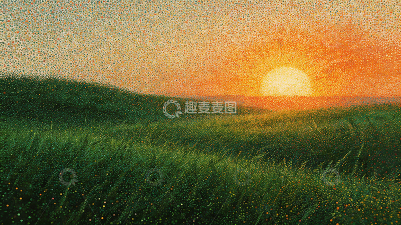 高清大图下载【趣麦麦图】夕阳草地水彩画