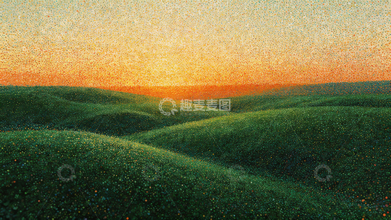 高清大图下载【趣麦麦图】夕阳绿丘油画风景