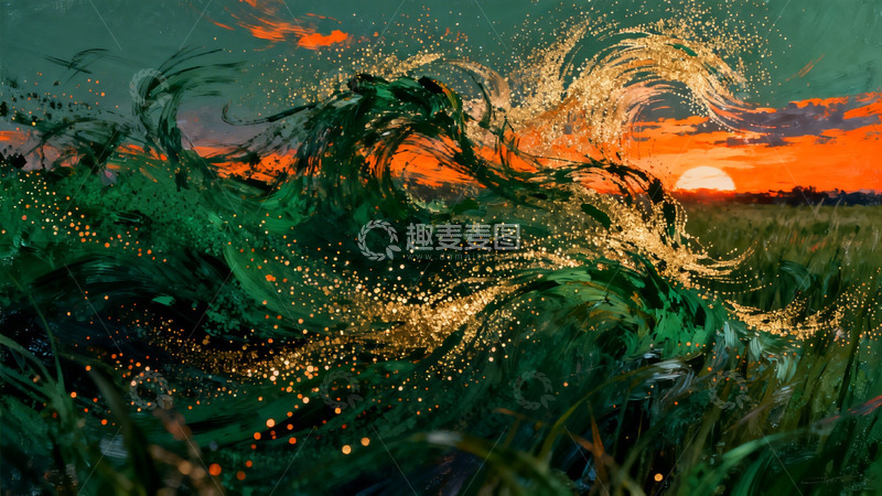 高清大图下载【趣麦麦图】日落海浪艺术插画素材