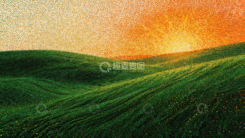 高清大图下载【趣麦麦图】绿丘夕阳彩绘画