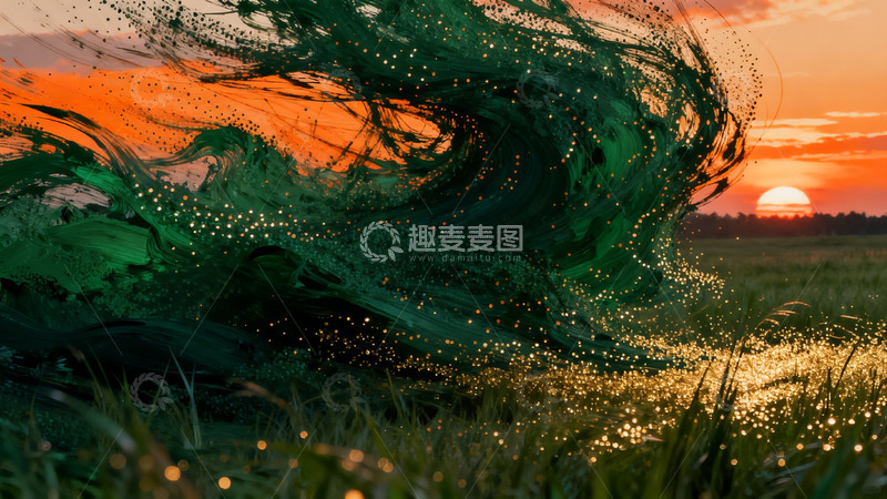 高清大图下载【趣麦麦图】绿意夕阳梦幻场景艺术插画