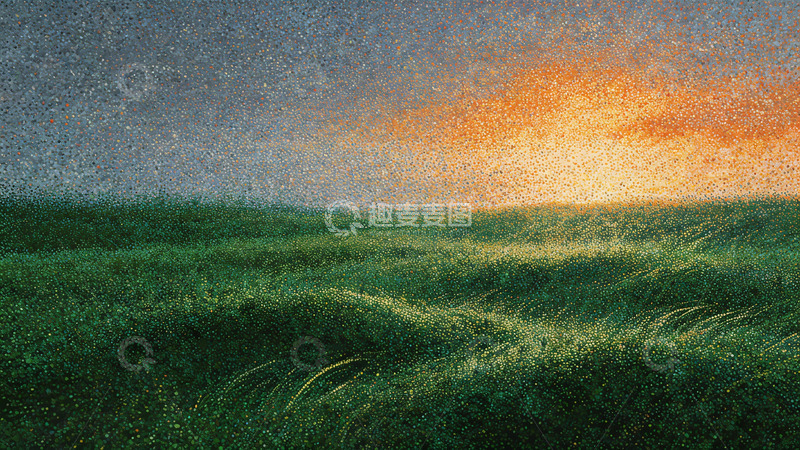 高清大图下载【趣麦麦图】田园风光黄昏草地绘画