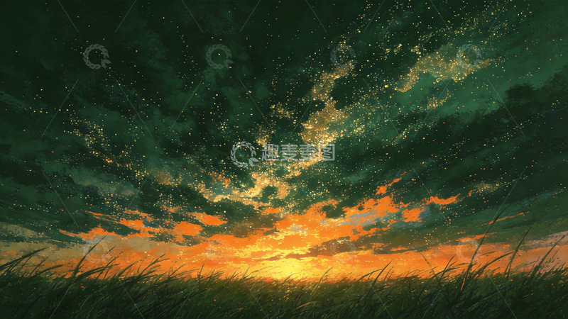 高清大图下载【趣麦麦图】星空草地插画设计