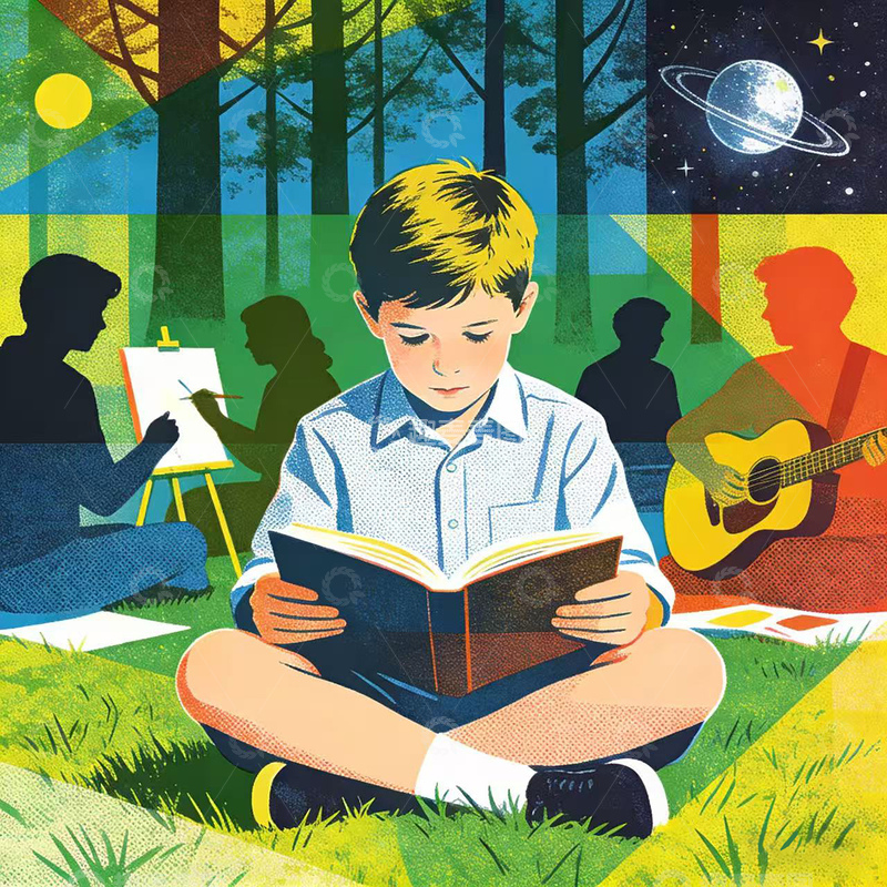 高清大图下载【趣麦麦图】丝网印刷风格一个读书的小男孩1