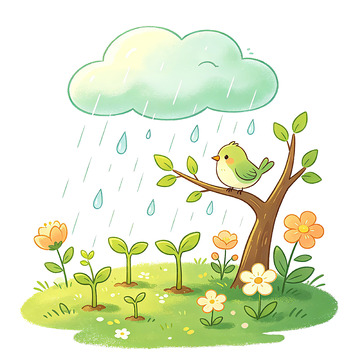 卡通雨中小鸟花草插画