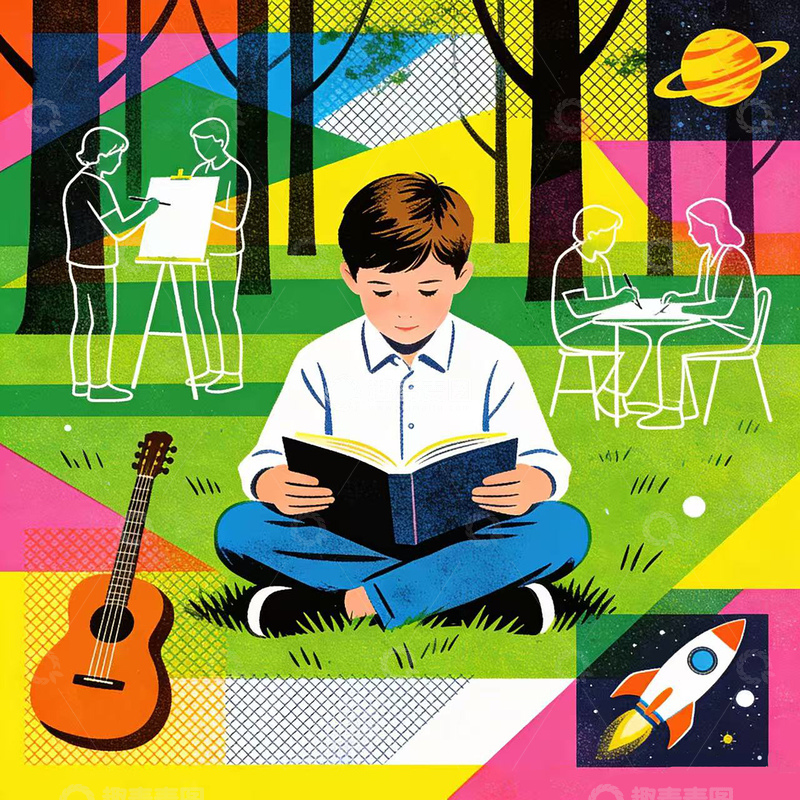 高清大图下载【趣麦麦图】丝网印刷风格一个读书的小男孩2