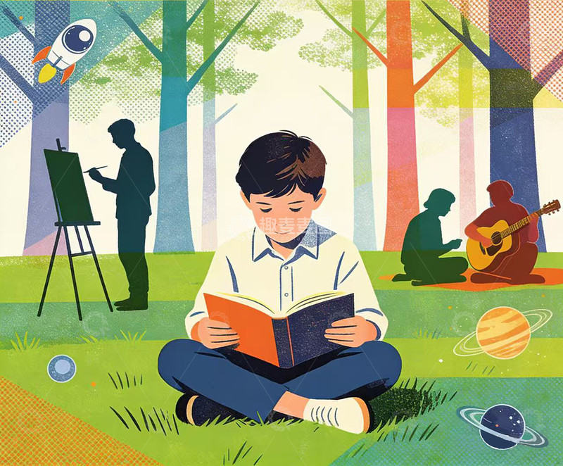 高清大图下载【趣麦麦图】丝网印刷风格一个读书的小男孩3