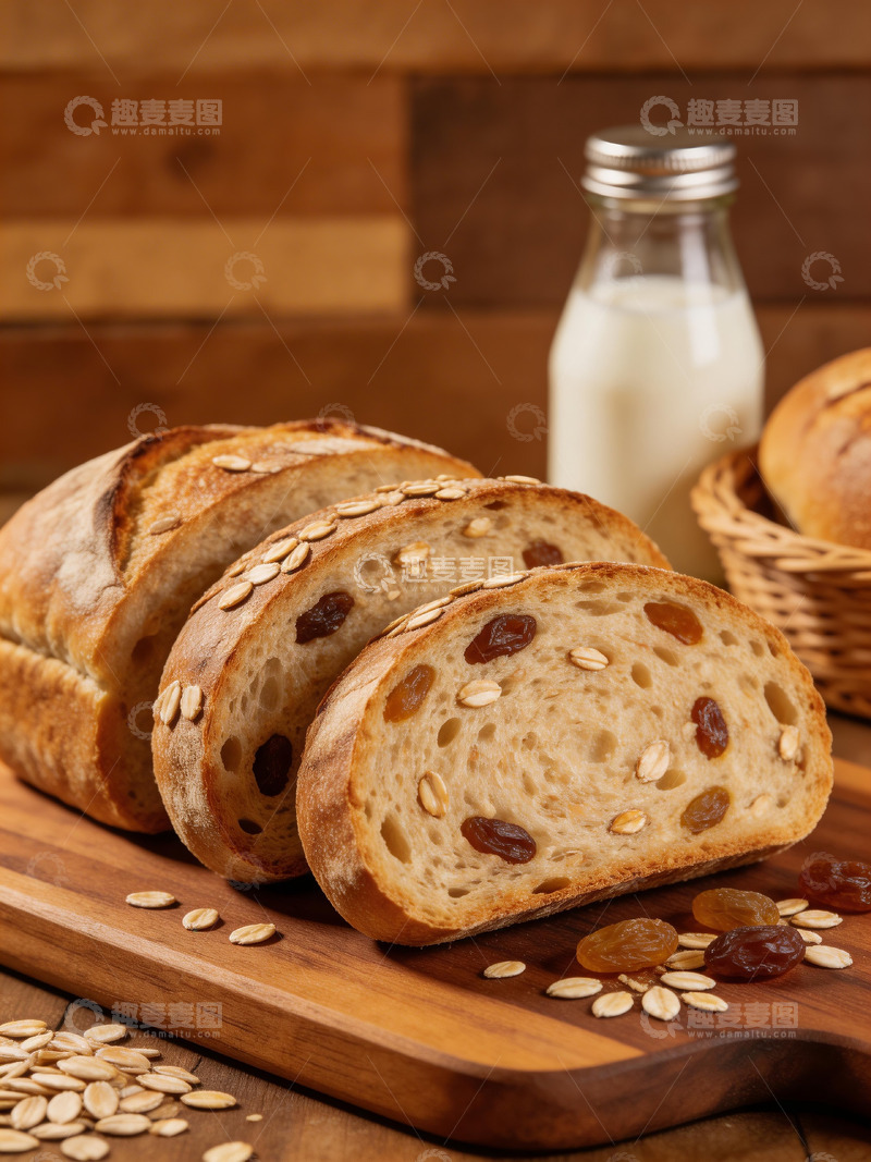 高清大图下载【趣麦麦图】葡萄果干面包片和牛奶4