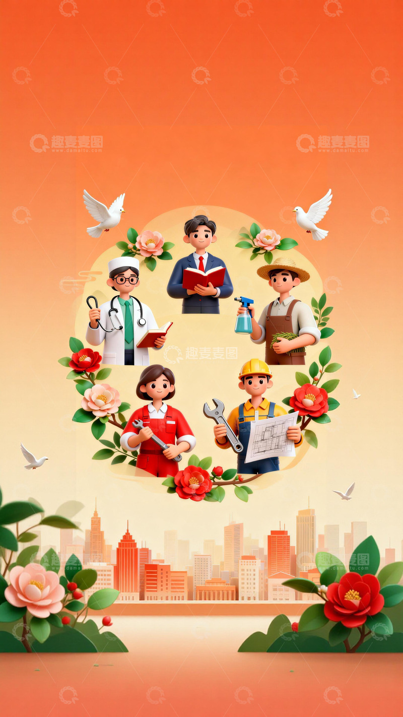 高清大图下载【趣麦麦图】国潮3d五一劳动节主题插画3