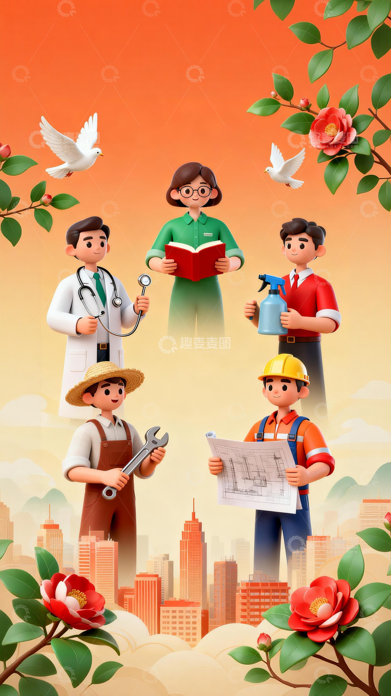 高清大图下载【趣麦麦图】国潮3d五一劳动节主题插画1