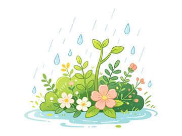 清新插画雨中山花设计图