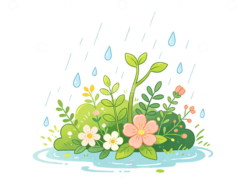 高清大图下载【趣麦麦图】清新插画雨中山花设计图