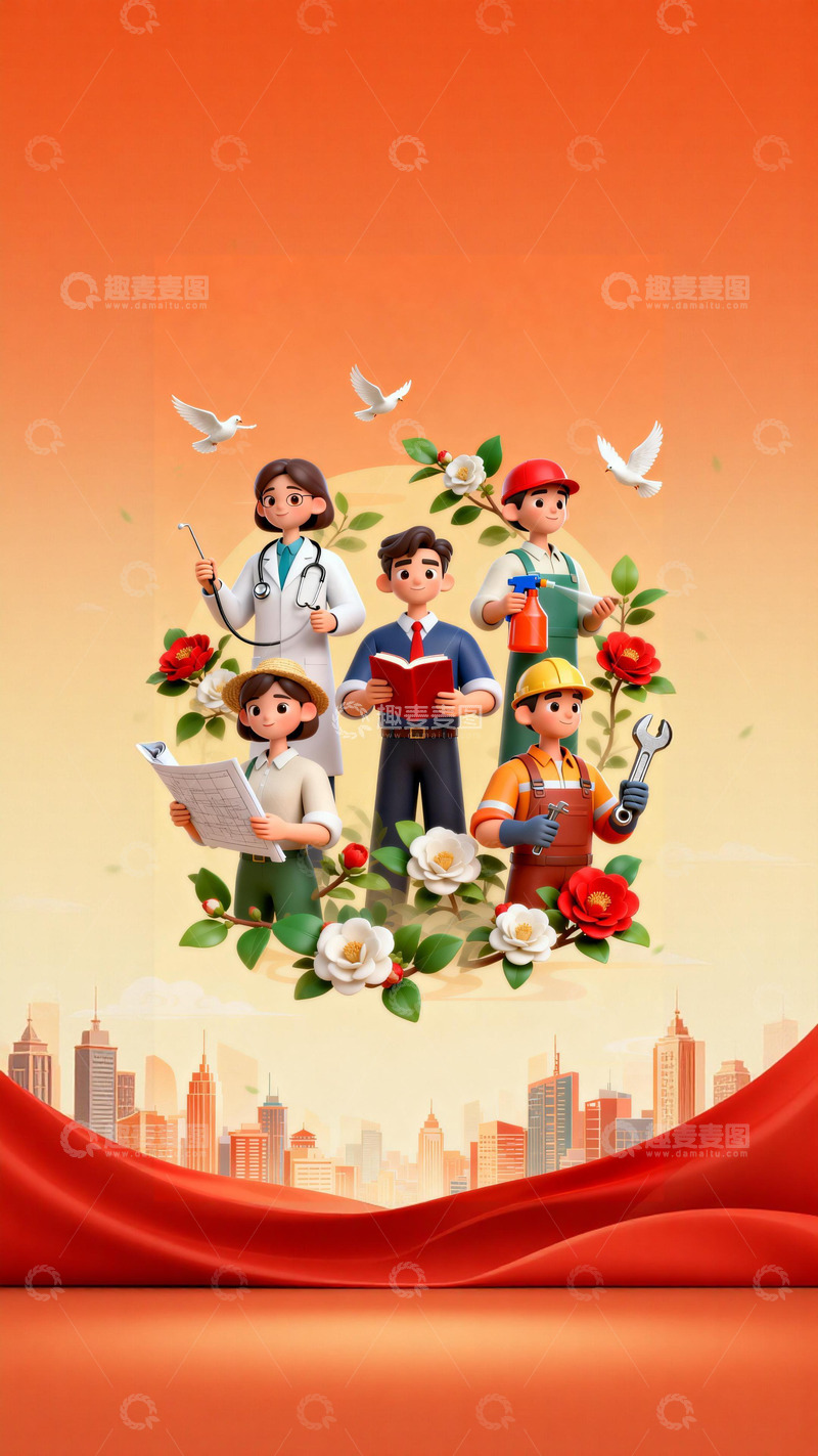 高清大图下载【趣麦麦图】国潮3d五一劳动节主题插画4