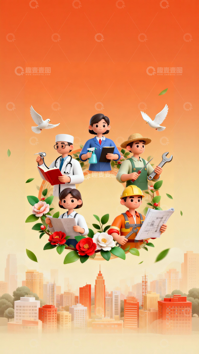 高清大图下载【趣麦麦图】国潮3d五一劳动节主题插画2
