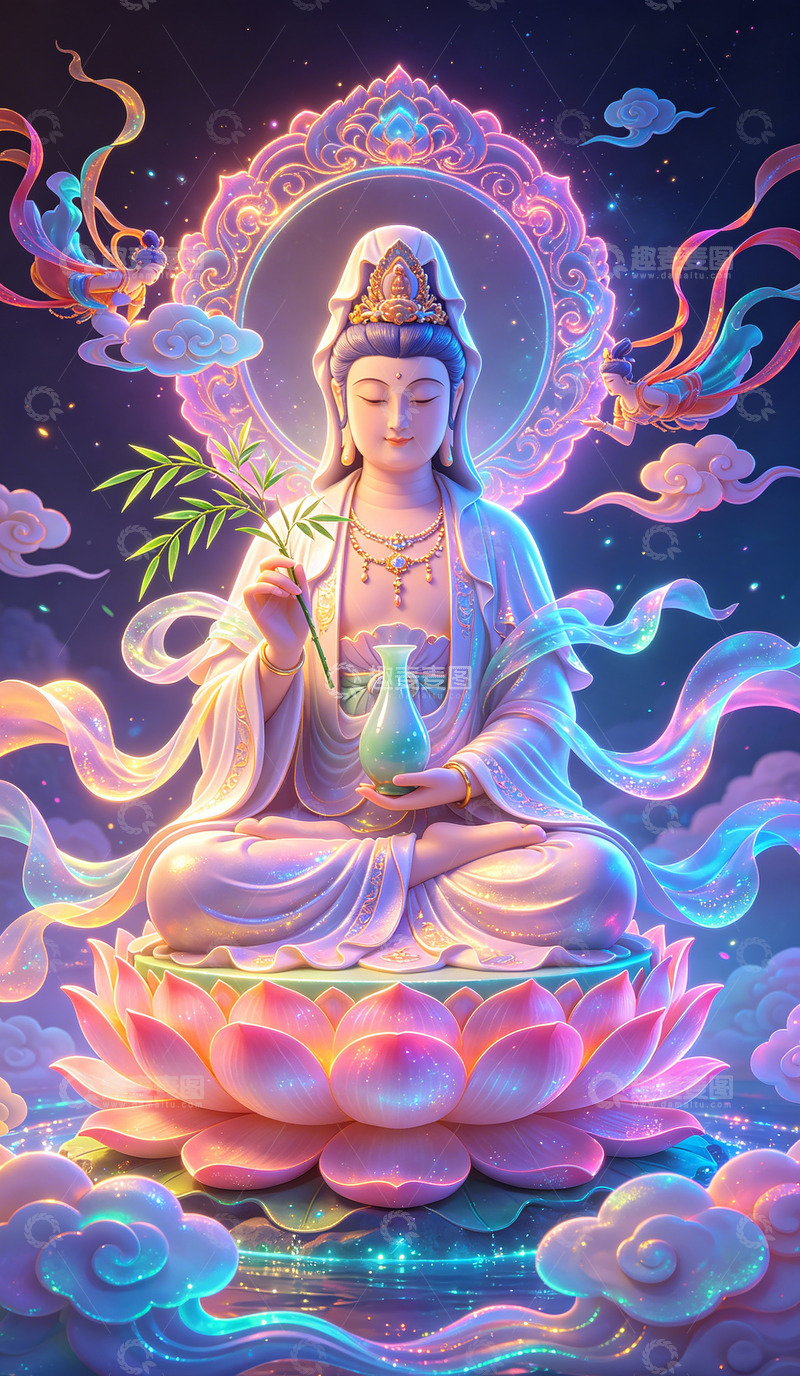 高清大图下载【趣麦麦图】梦幻观音菩萨佛像艺术插画壁纸装饰画