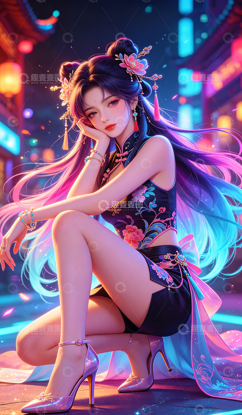 高清大图下载【趣麦麦图】炫光旗袍少女都市夜景插画壁纸装饰画