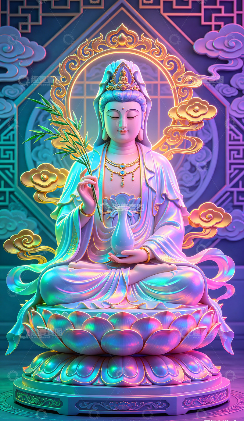 高清大图下载【趣麦麦图】霓虹灯效观音像佛像艺术雕像壁纸装饰画