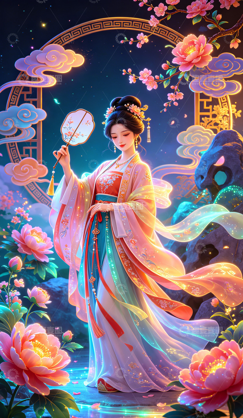 高清大图下载【趣麦麦图】古风美女樱花夜景插画壁纸装饰画