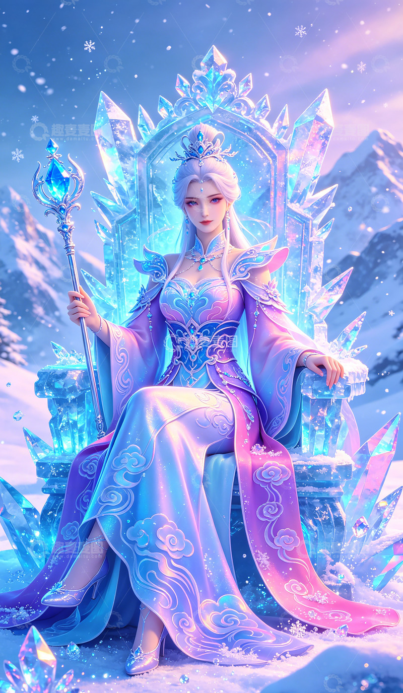 高清大图下载【趣麦麦图】冰雪女王魔法宝座插画壁纸装饰画