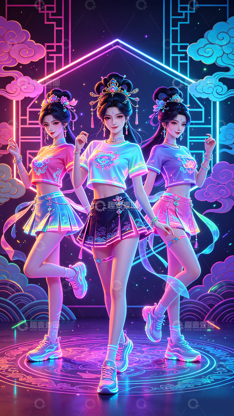 高清大图下载【趣麦麦图】霓虹风古装舞蹈艺术插画壁纸装饰画