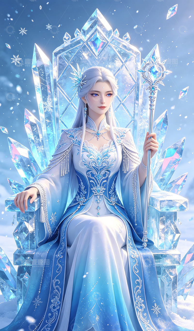 高清大图下载【趣麦麦图】冰雪女王魔法宝座插画壁纸装饰画