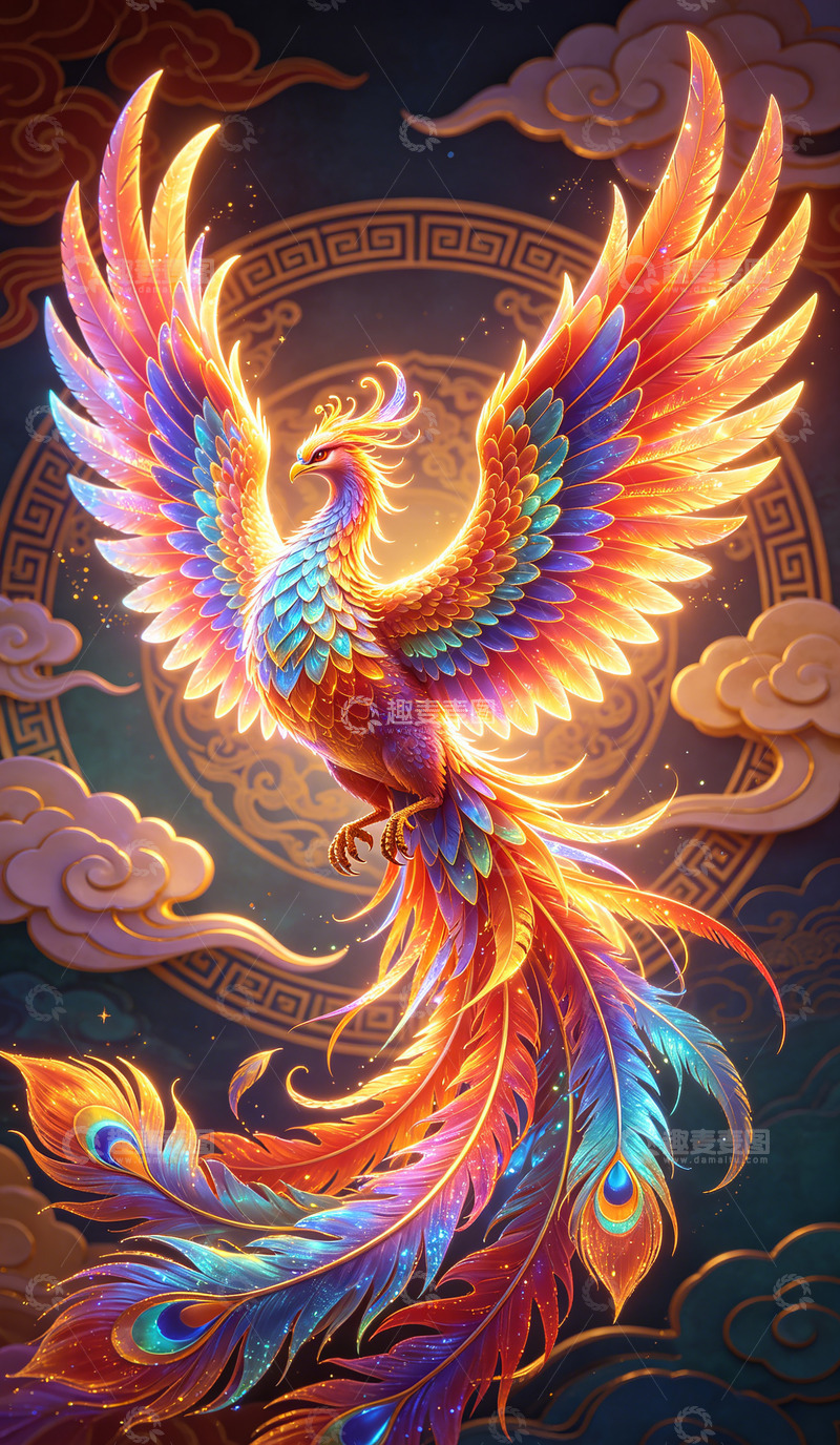 高清大图下载【趣麦麦图】凤凰展翅神话插画壁纸装饰画
