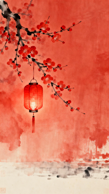 水墨梅花灯笼国画