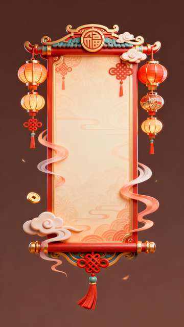 喜庆中国风灯笼卷轴装饰设计