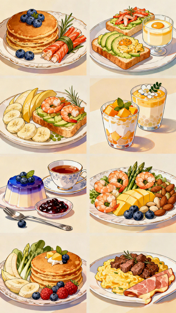 水彩风美食插画早餐合集