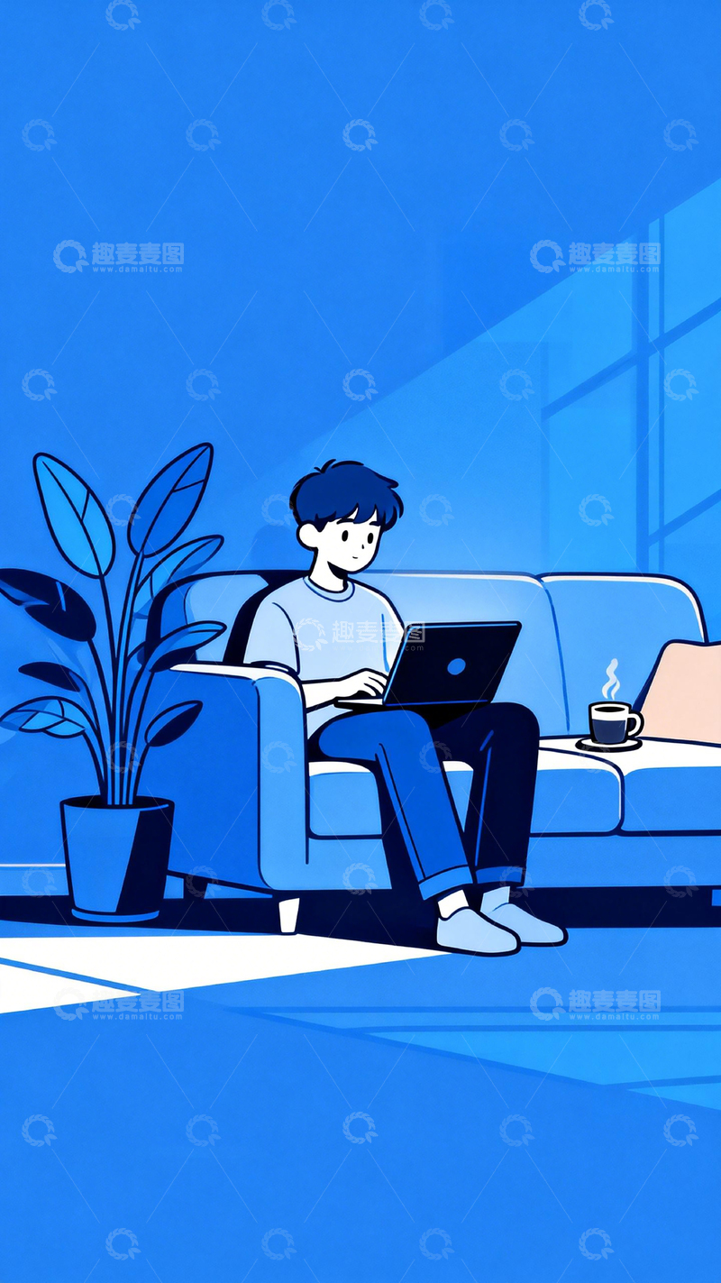 高清大图下载【趣麦麦图】蓝色调居家办公插画