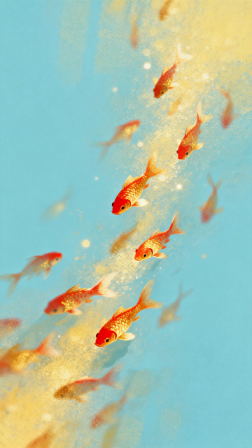 金鱼群游水彩画