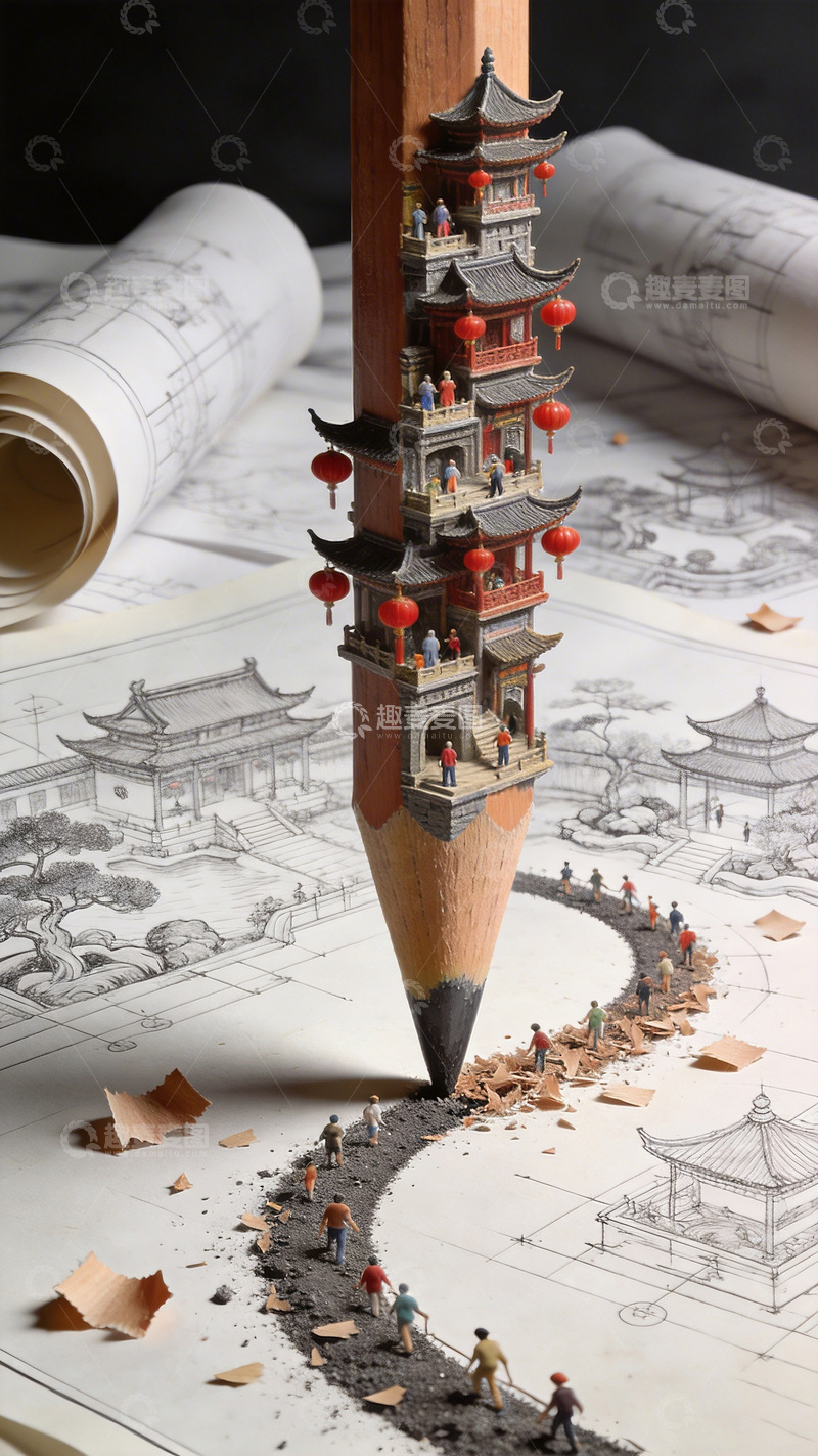 高清大图下载【趣麦麦图】铅笔微缩古建筑建筑模型创意摄影