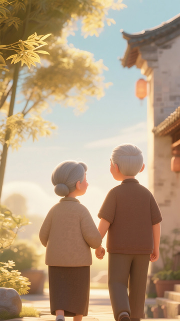 温馨老年夫妇古风庭院漫步